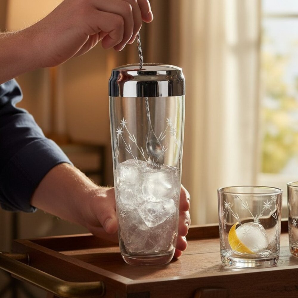 Vintage Atomic Starburst Glass Cocktail Shaker Mid Century Barware Martini Mixer